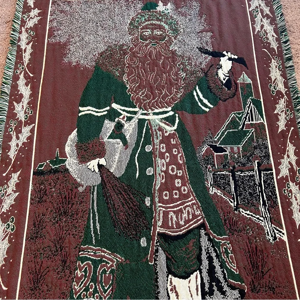 Festive Holiday Tapestry Throw blanket cover with Santa Carrying Tree 44” x 69”